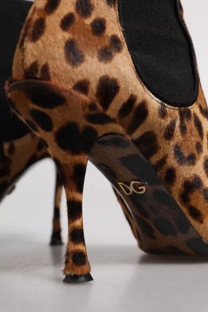 Dolce & Gabbana Brown Leopard Leather Stretch Heels Boots Shoes by Dolce & Gabbana