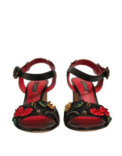 Dolce & Gabbana Black Embossed Carnation Heeled Sandals Shoes by Dolce & Gabbana