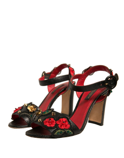 Dolce & Gabbana Black Embossed Carnation Heeled Sandals Shoes by Dolce & Gabbana
