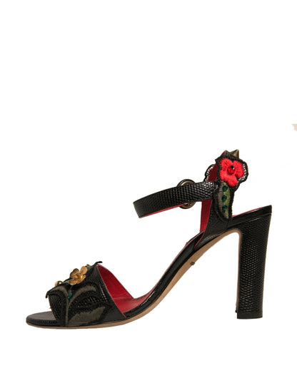 Dolce & Gabbana Black Embossed Carnation Heeled Sandals Shoes by Dolce & Gabbana
