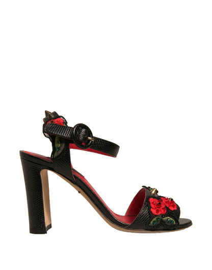 Dolce & Gabbana Black Embossed Carnation Heeled Sandals Shoes by Dolce & Gabbana
