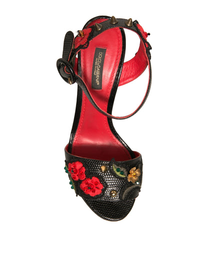 Dolce & Gabbana Black Embossed Carnation Heeled Sandals Shoes by Dolce & Gabbana