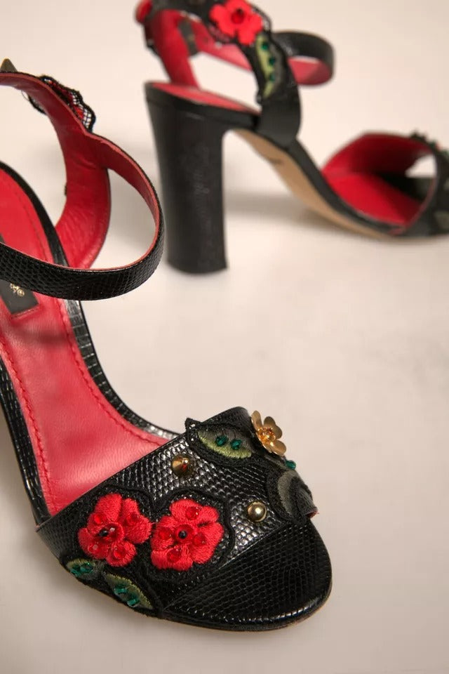 Dolce & Gabbana Black Embossed Carnation Heeled Sandals Shoes by Dolce & Gabbana