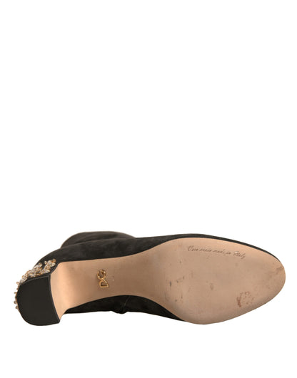 Dolce & Gabbana Black Embellished Heel Ankle Boots Shoes by Dolce & Gabbana
