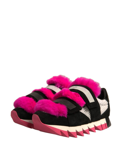 Dolce & Gabbana Black Pink Fur Embellished Sneakers Shoes by Dolce & Gabbana