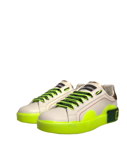 Dolce & Gabbana White Yellow Portofino Leather Sneakers Shoes by Dolce & Gabbana