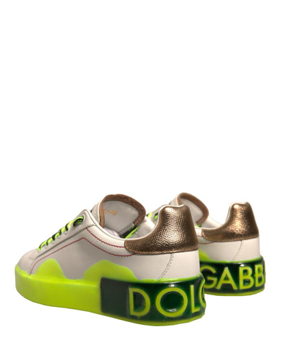Dolce & Gabbana White Yellow Portofino Leather Sneakers Shoes by Dolce & Gabbana