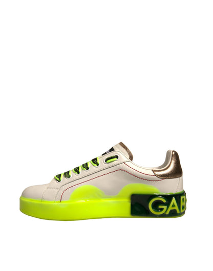 Dolce & Gabbana White Yellow Portofino Leather Sneakers Shoes by Dolce & Gabbana