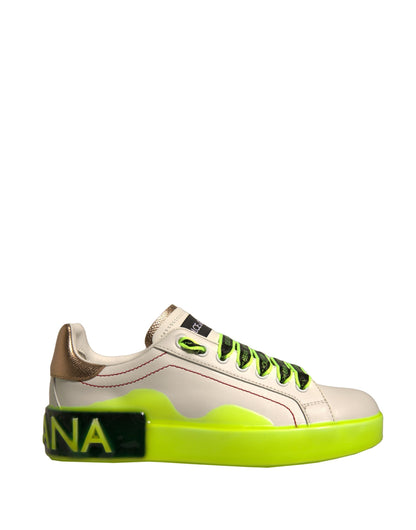 Dolce & Gabbana White Yellow Portofino Leather Sneakers Shoes by Dolce & Gabbana