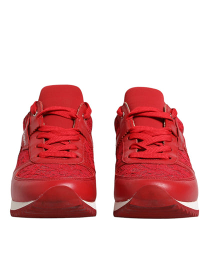 Dolce & Gabbana Red Floral Lace Leather Sneakers Shoes by Dolce & Gabbana