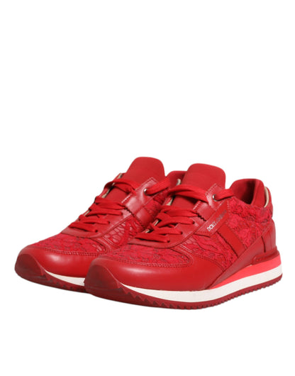 Dolce & Gabbana Red Floral Lace Leather Sneakers Shoes by Dolce & Gabbana