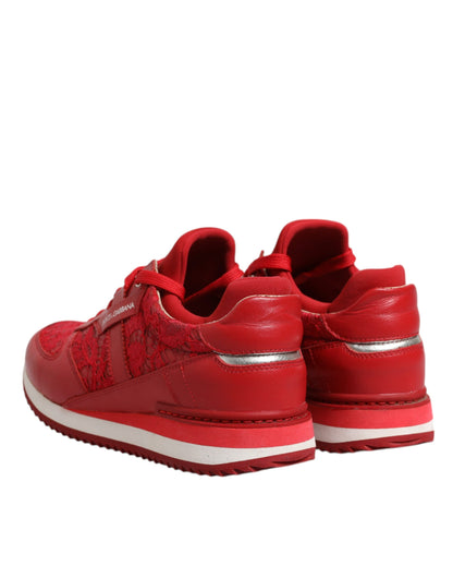 Dolce & Gabbana Red Floral Lace Leather Sneakers Shoes by Dolce & Gabbana