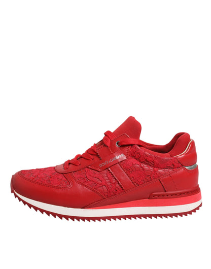 Dolce & Gabbana Red Floral Lace Leather Sneakers Shoes by Dolce & Gabbana