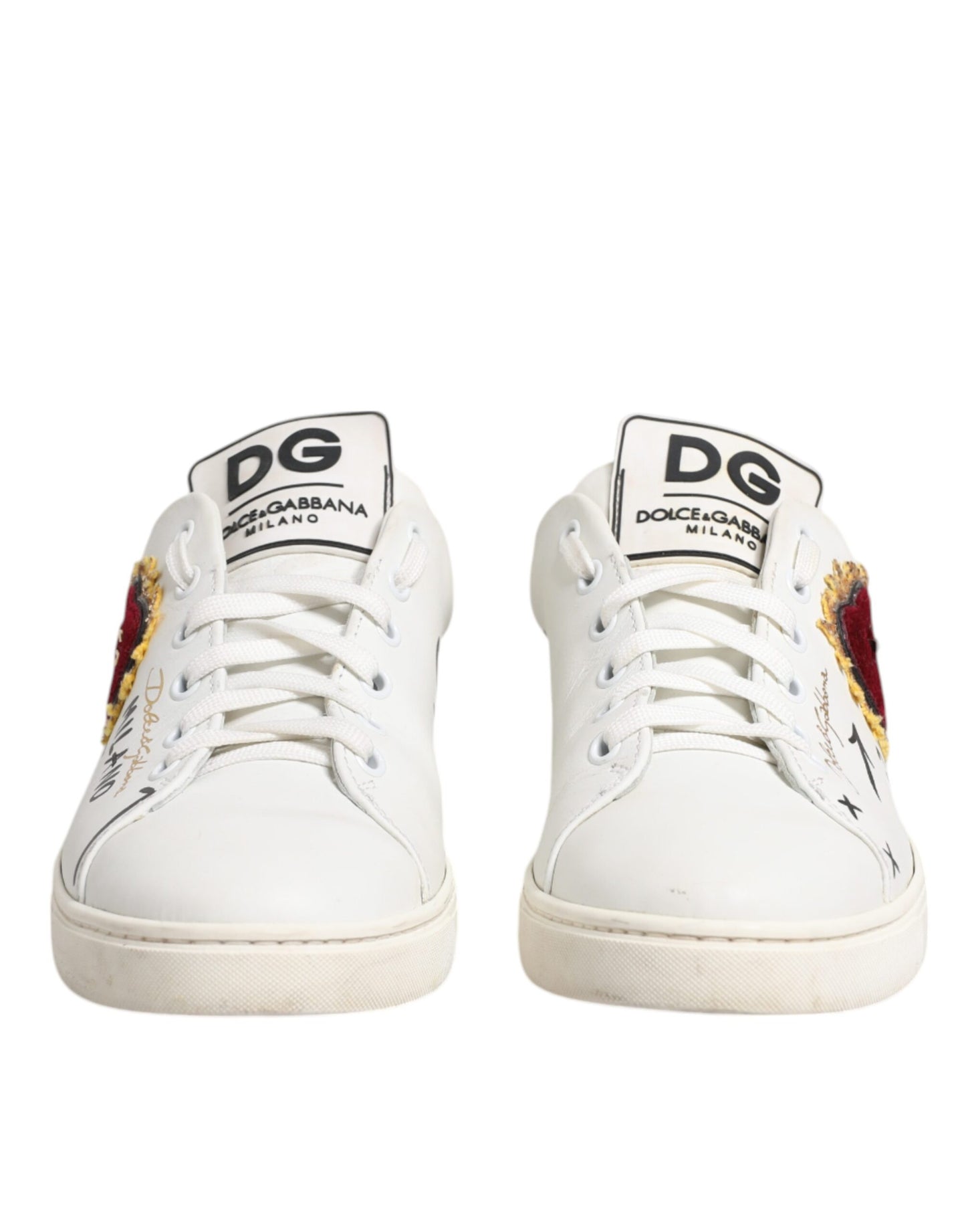Dolce & Gabbana White Leather Heart Embellished Sneakers Shoes by Dolce & Gabbana