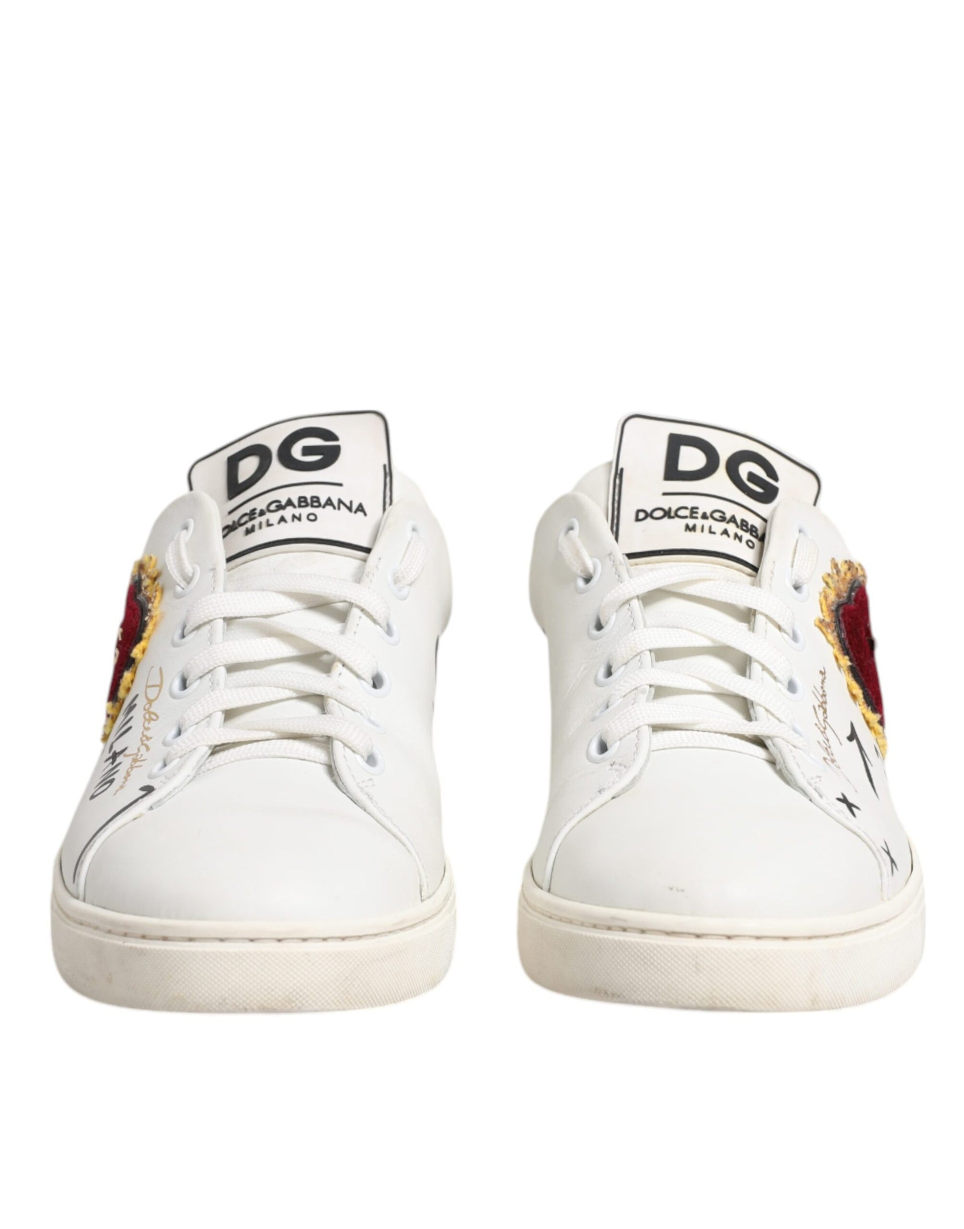 Dolce & Gabbana White Leather Heart Embellished Sneakers Shoes by Dolce & Gabbana