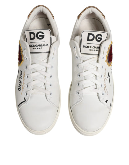 Dolce & Gabbana White Leather Heart Embellished Sneakers Shoes by Dolce & Gabbana