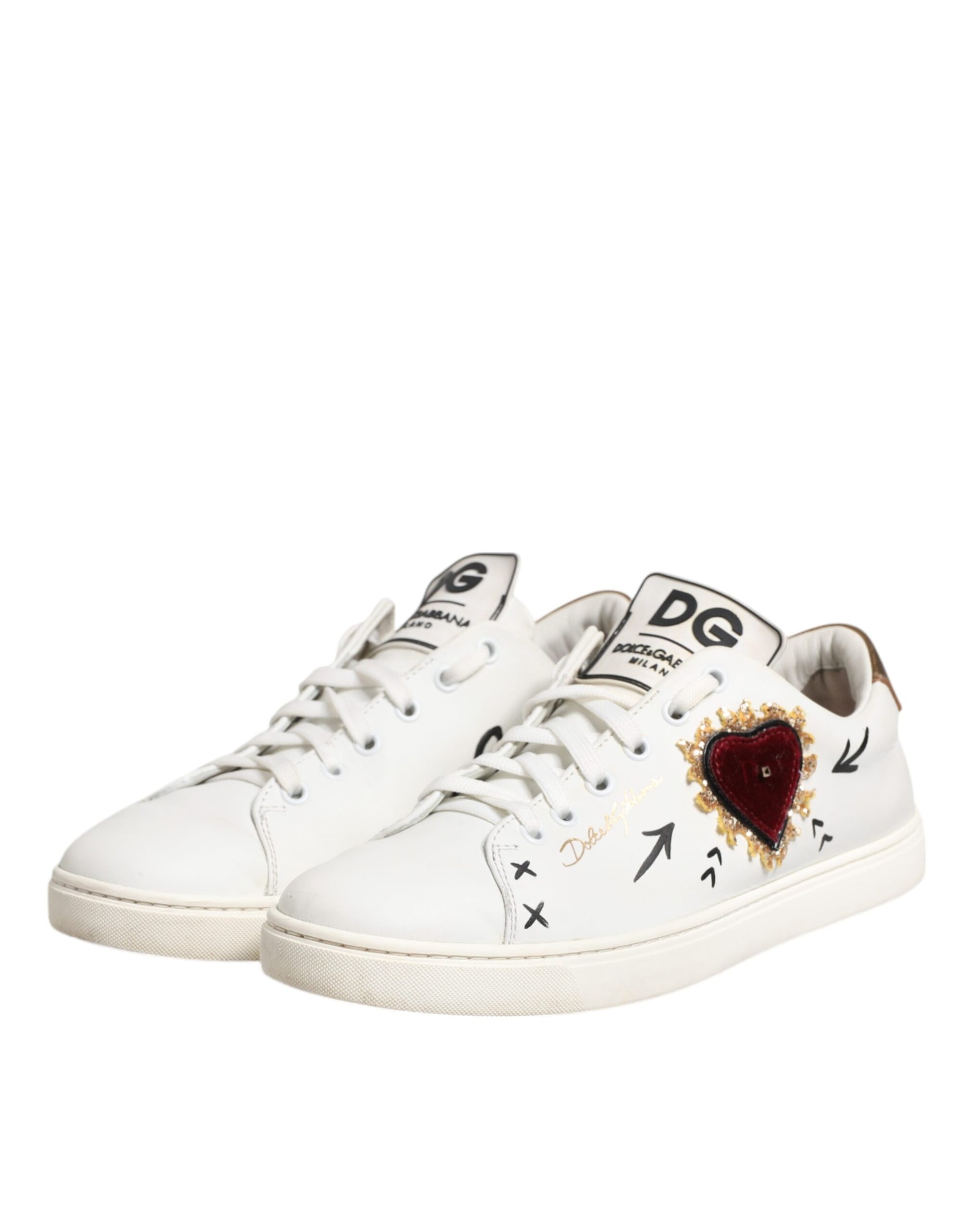 Dolce & Gabbana White Leather Heart Embellished Sneakers Shoes by Dolce & Gabbana