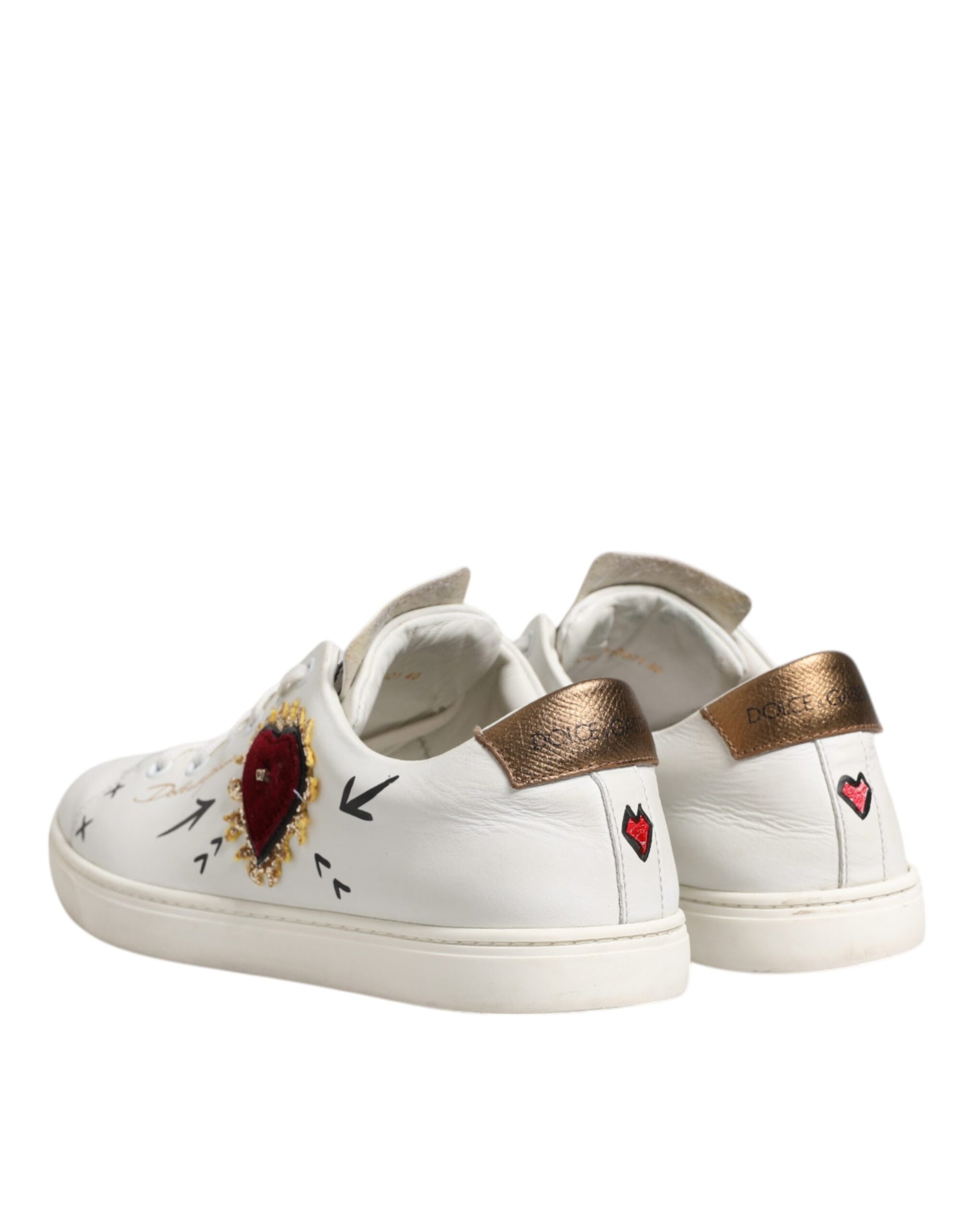 Dolce & Gabbana White Leather Heart Embellished Sneakers Shoes by Dolce & Gabbana