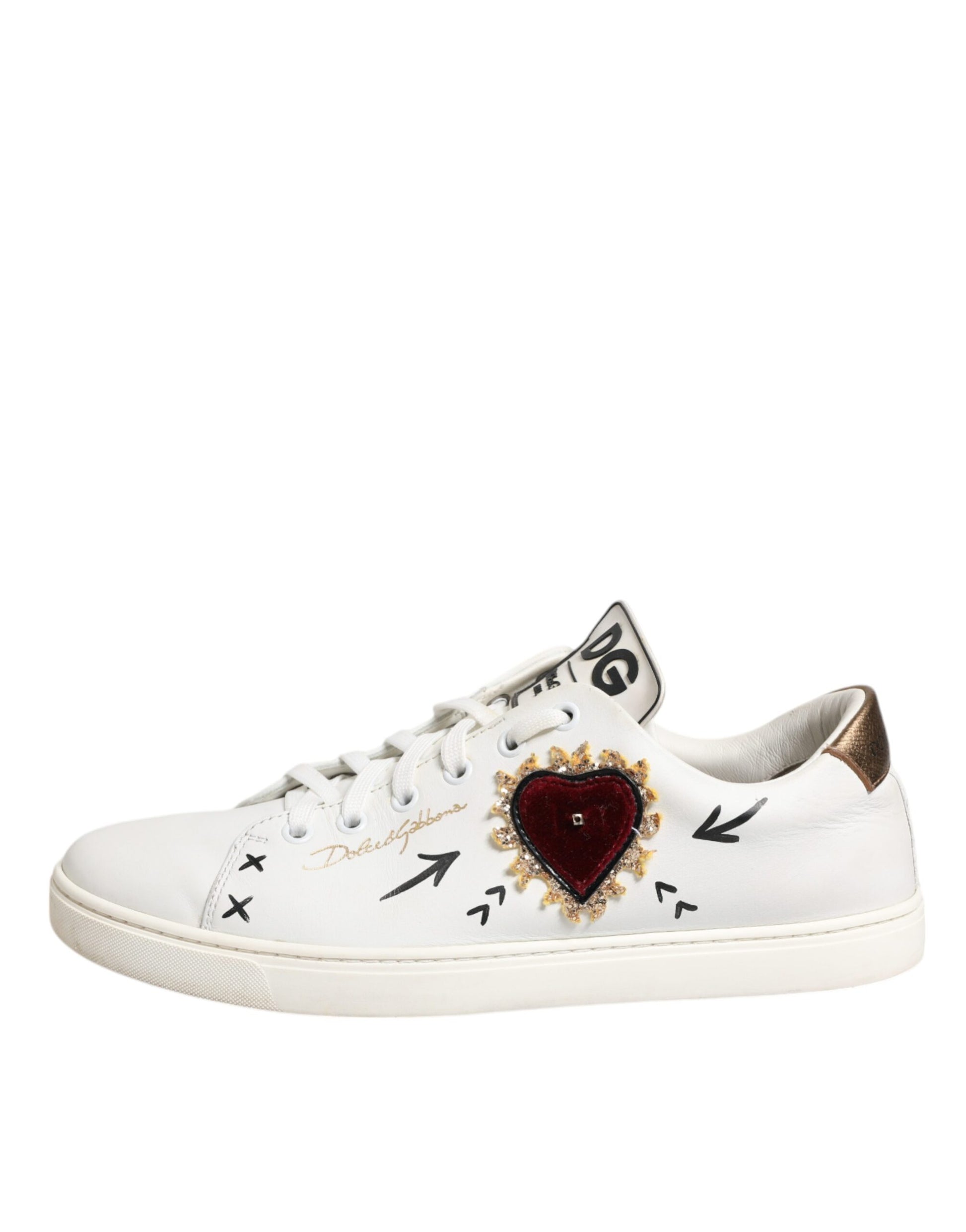 Dolce & Gabbana White Leather Heart Embellished Sneakers Shoes by Dolce & Gabbana