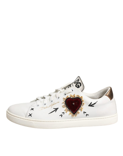 Dolce & Gabbana White Leather Heart Embellished Sneakers Shoes by Dolce & Gabbana