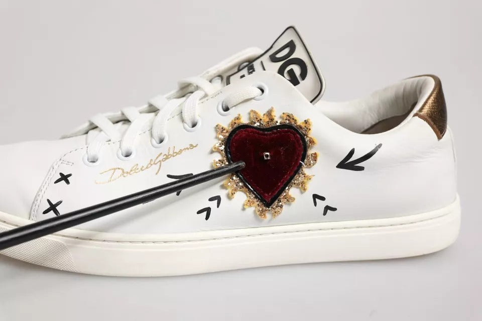 Dolce & Gabbana White Leather Heart Embellished Sneakers Shoes by Dolce & Gabbana