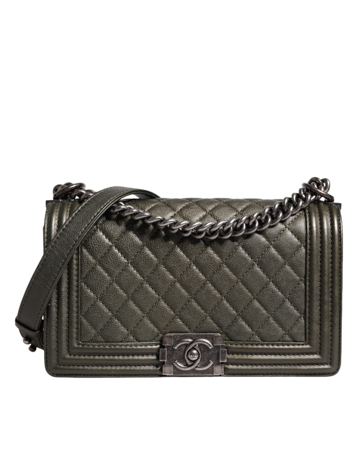 Sac à bandoulière Chanel en cuir vert foncé et métal gris
