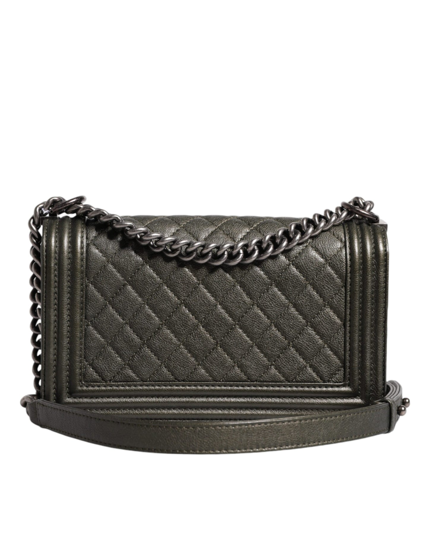 Sac à bandoulière Chanel en cuir vert foncé et métal gris