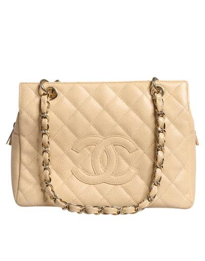 Sac à main Chanel en cuir beige Caviar De Coco avec chaîne