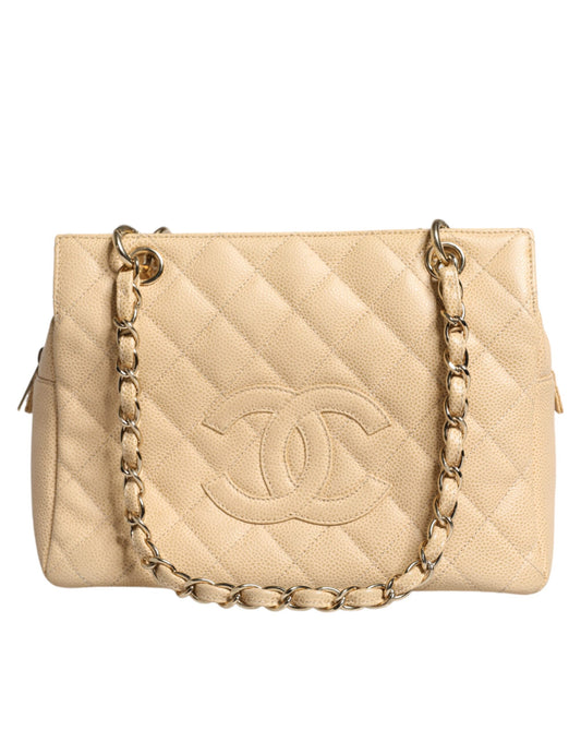 Sac à main Chanel en cuir beige Caviar De Coco avec chaîne