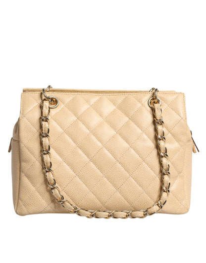 Sac à main Chanel en cuir beige Caviar De Coco avec chaîne