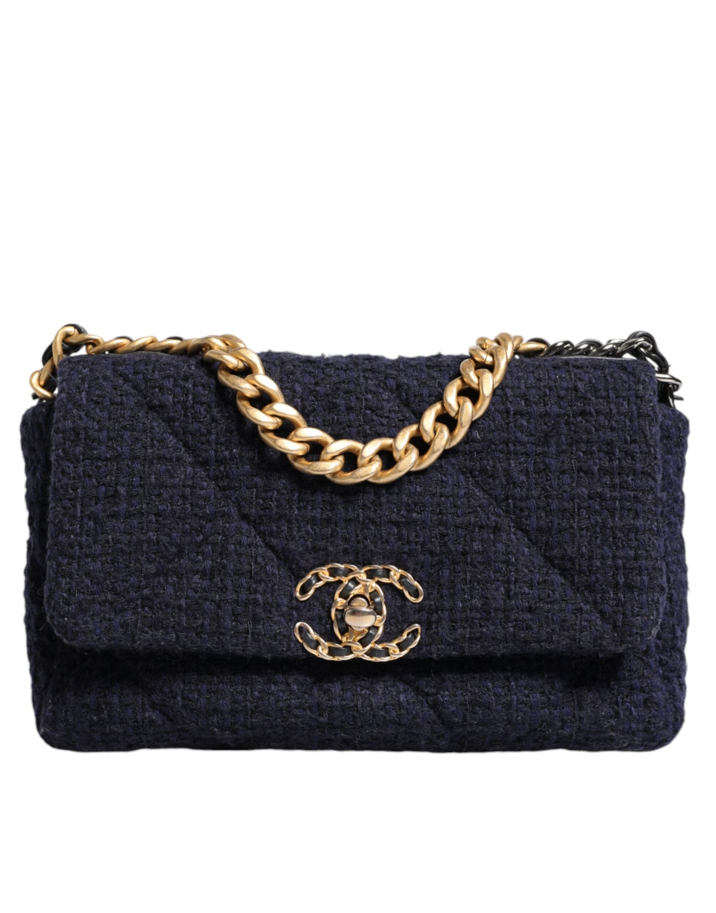 Sac à bandoulière Chanel bleu foncé à rabat moyen en tweed CC avec chaîne grise et dorée