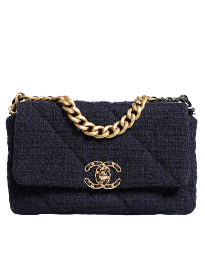 Sac à bandoulière Chanel bleu foncé à rabat moyen en tweed CC avec chaîne grise et dorée