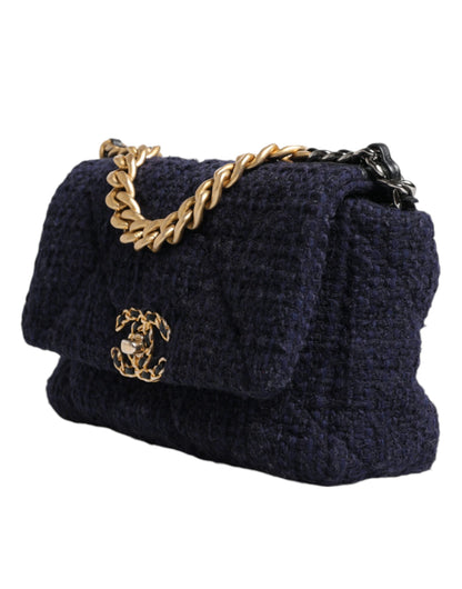 Sac à bandoulière Chanel bleu foncé à rabat moyen en tweed CC avec chaîne grise et dorée