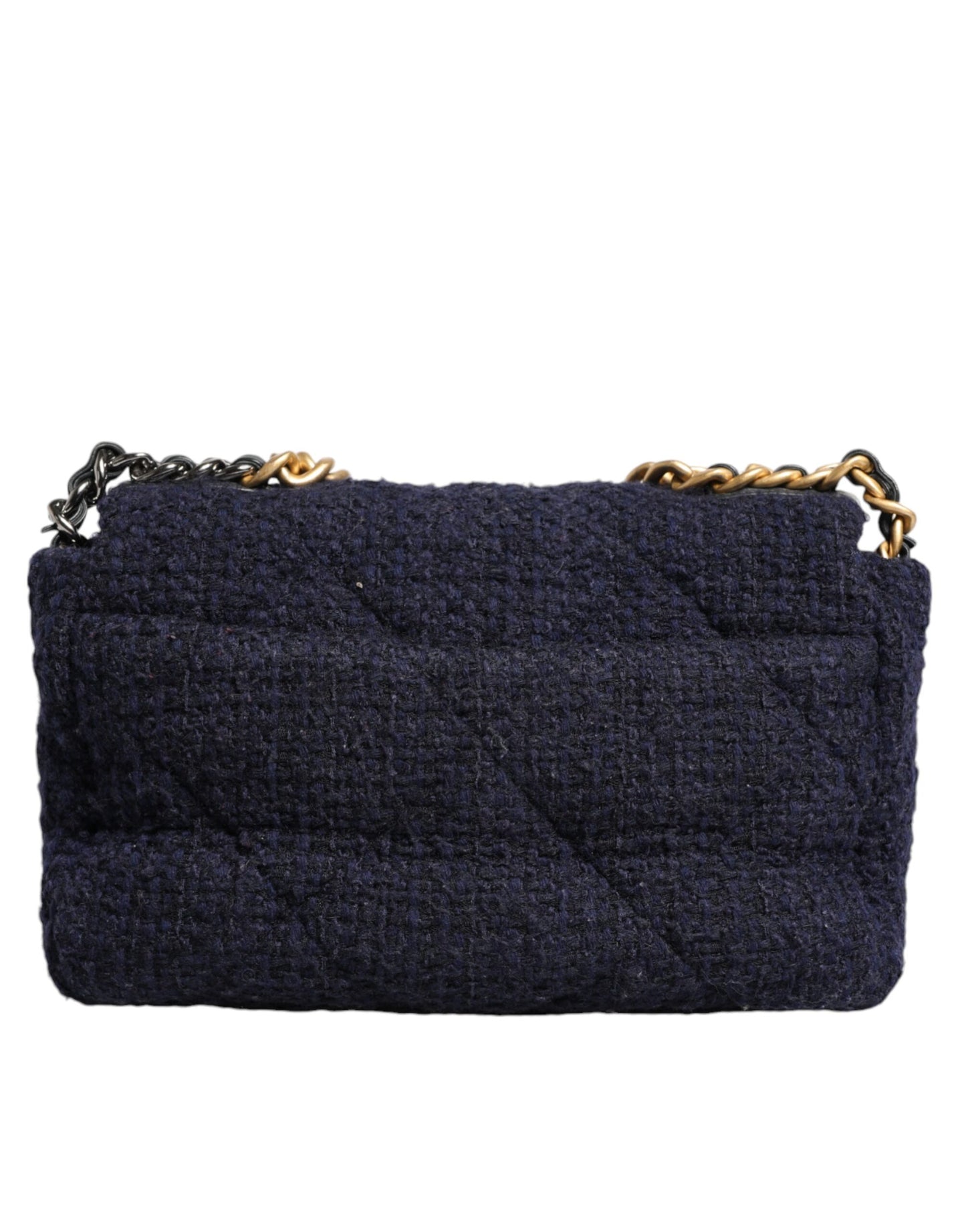 Sac à bandoulière Chanel bleu foncé à rabat moyen en tweed CC avec chaîne grise et dorée