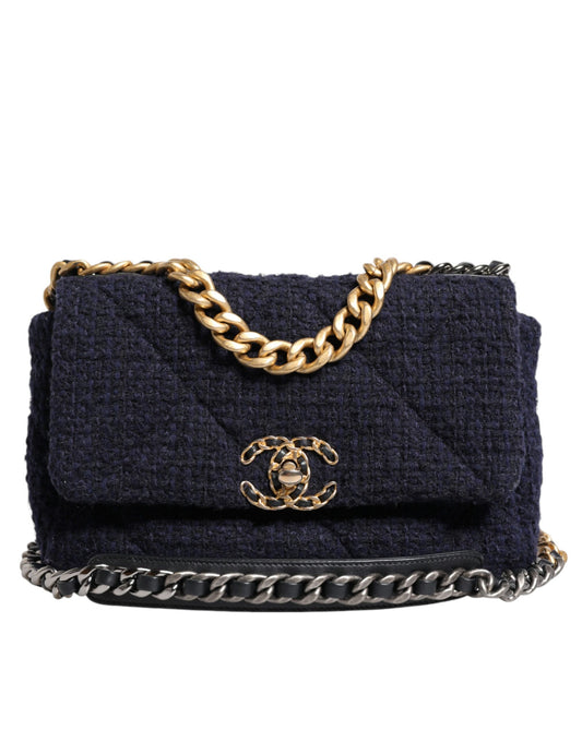 Sac à bandoulière Chanel bleu foncé à rabat moyen en tweed CC avec chaîne grise et dorée