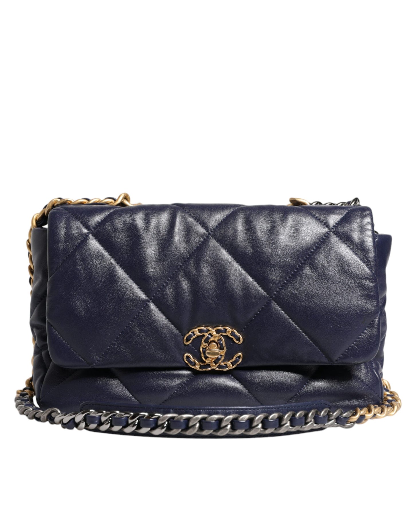 Grand sac à bandoulière en cuir bleu matelassé Chanel avec chaîne