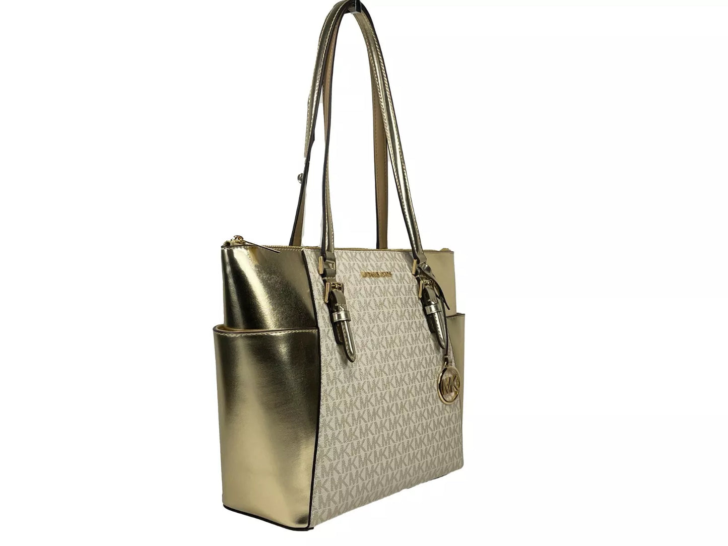 Grand sac fourre-tout en cuir Michael Kors Charlotte avec fermeture éclair sur le dessus, doré