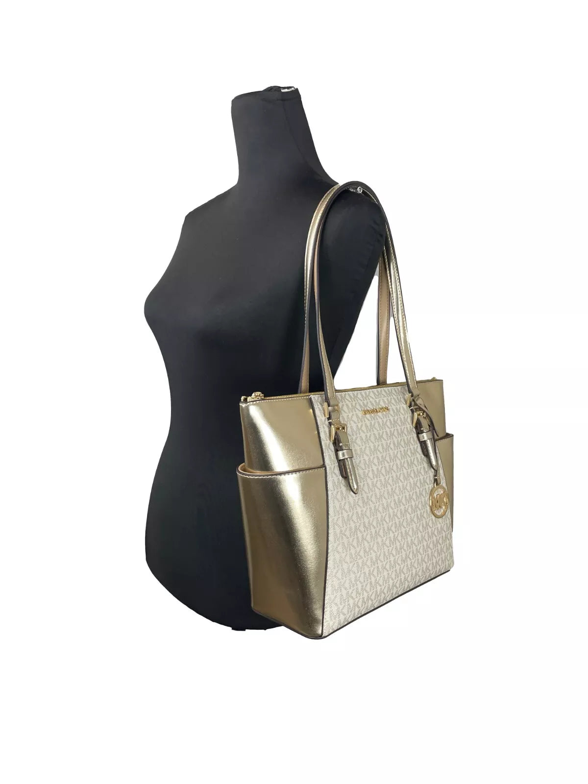 Grand sac fourre-tout en cuir Michael Kors Charlotte avec fermeture éclair sur le dessus, doré