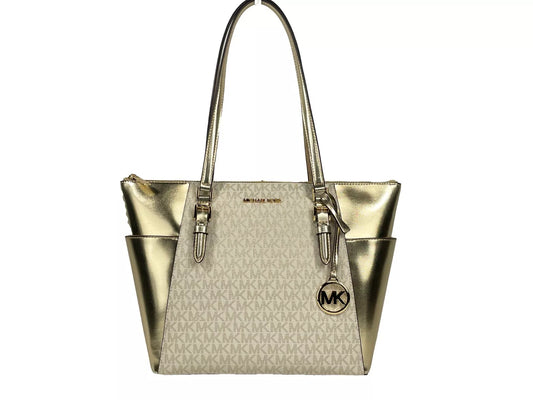 Grand sac fourre-tout en cuir Michael Kors Charlotte avec fermeture éclair sur le dessus, doré