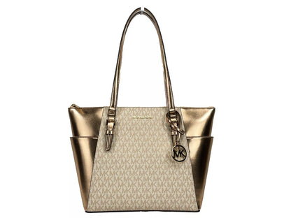 Grand sac fourre-tout en cuir Michael Kors Charlotte avec fermeture éclair sur le dessus, or rose