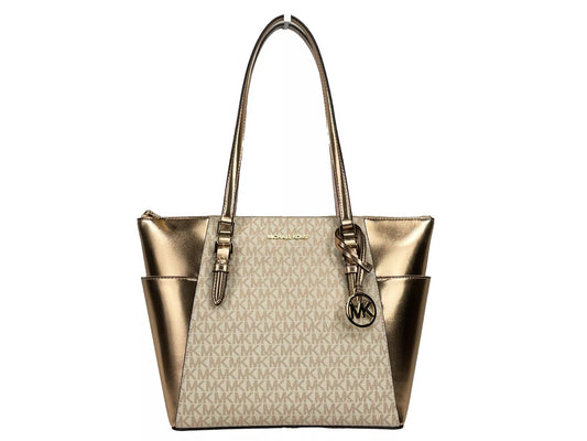Grand sac fourre-tout en cuir Michael Kors Charlotte avec fermeture éclair sur le dessus, or rose
