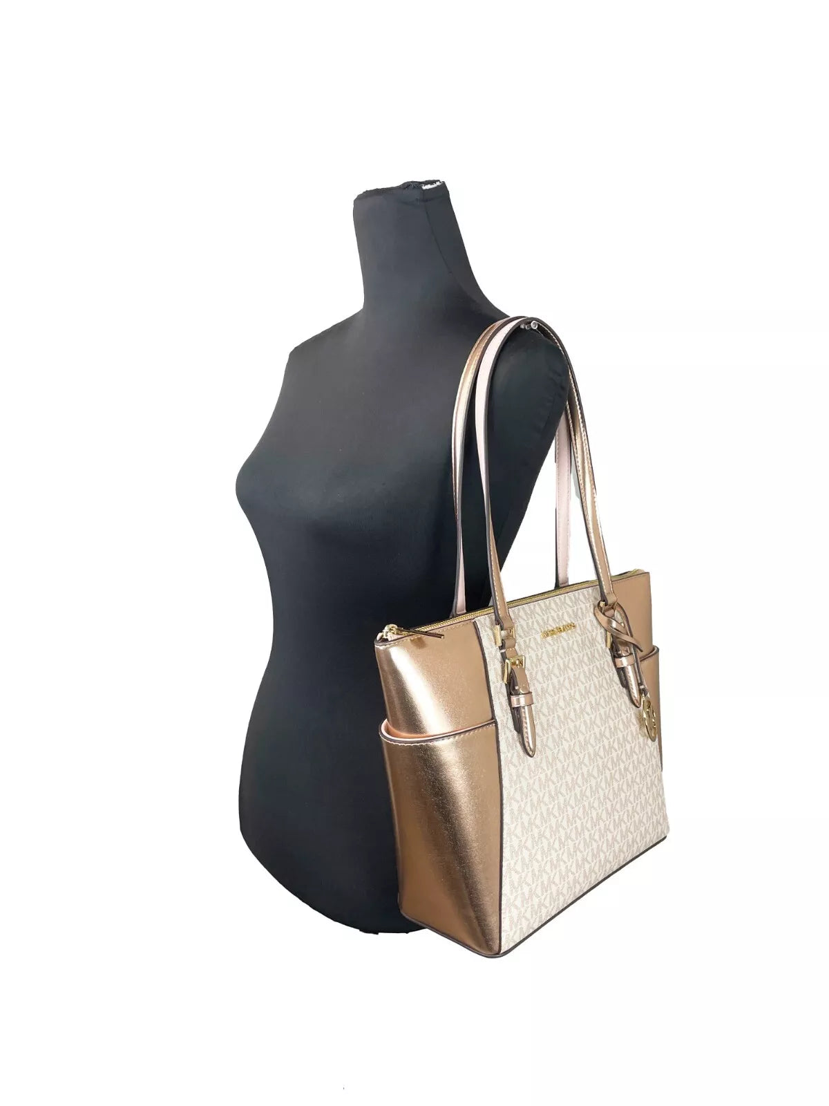 Grand sac fourre-tout en cuir Michael Kors Charlotte avec fermeture éclair sur le dessus, or rose