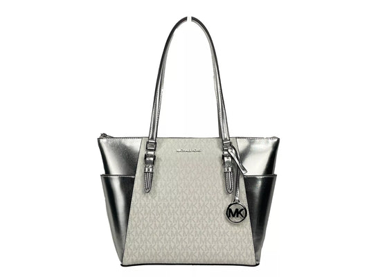 Grand sac fourre-tout en cuir Michael Kors Charlotte avec fermeture éclair sur le dessus, argenté