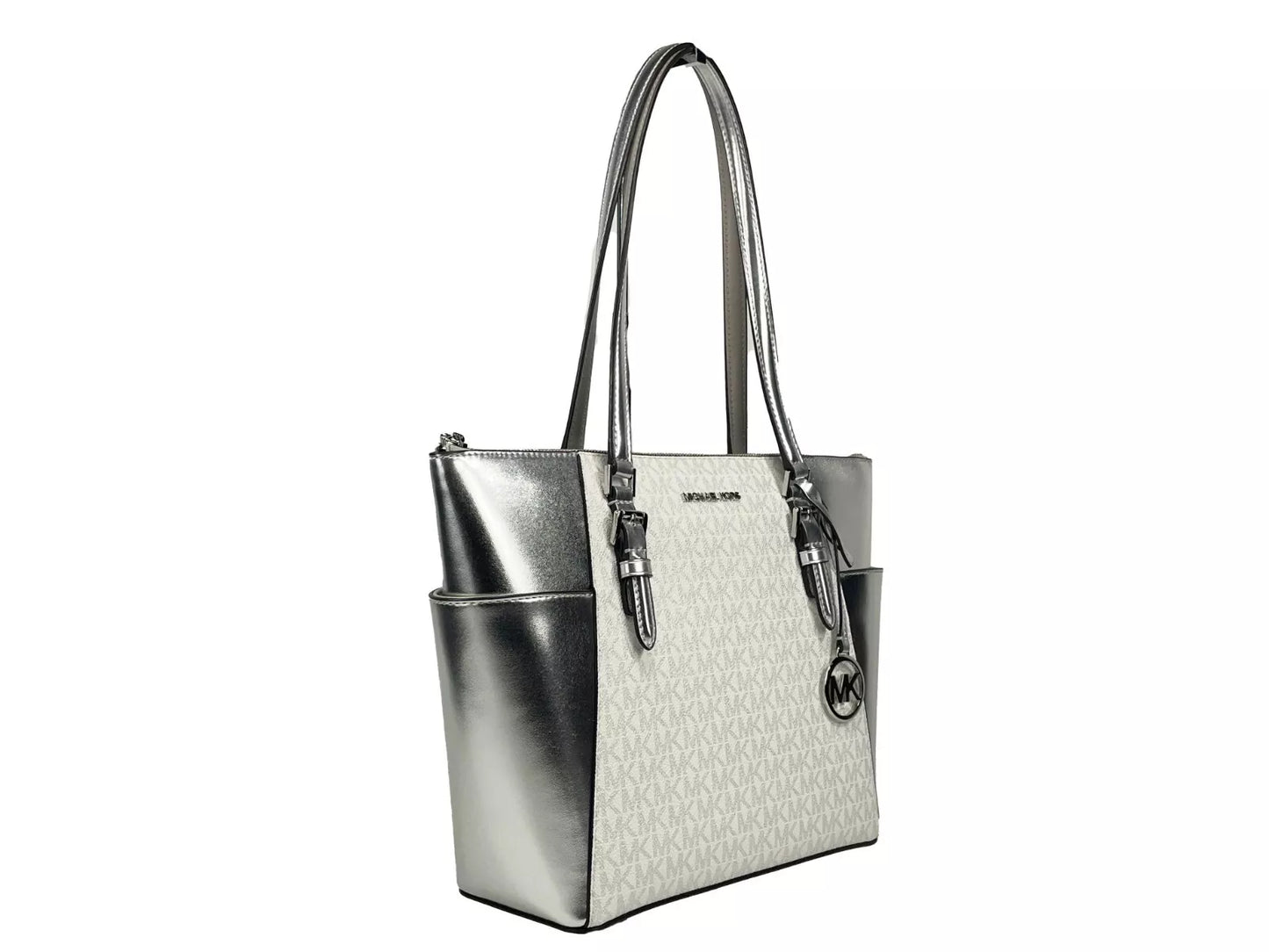 Grand sac fourre-tout en cuir Michael Kors Charlotte avec fermeture éclair sur le dessus, argenté