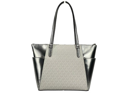 Grand sac fourre-tout en cuir Michael Kors Charlotte avec fermeture éclair sur le dessus, argenté