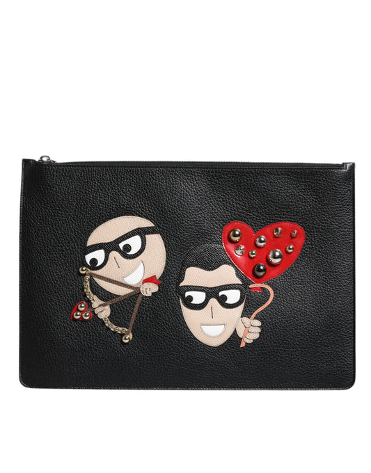 Sac pochette zippé en cuir noir Dolce &amp; Gabbana #DGFAMILY pour homme