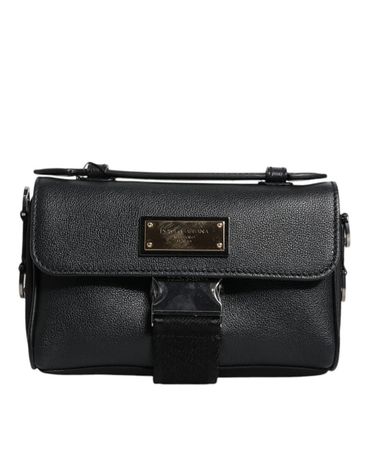 Sac bandoulière en cuir noir Dolce &amp; Gabbana avec plaque logo et boucle