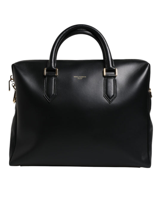 Sac porte-documents Dolce &amp; Gabbana en cuir de veau noir avec logo pressé à chaud