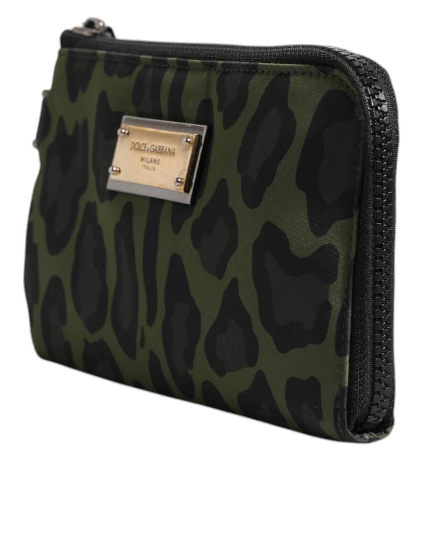 Dolce &amp; Gabbana Green Leopard Leather Logo Plaque Multifunctional Kit Bag