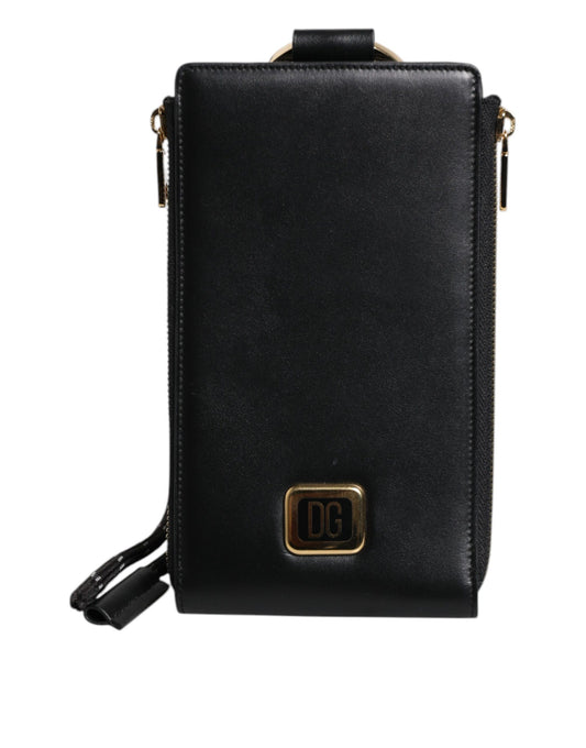 Portefeuille tour de cou en cuir noir Dolce &amp; Gabbana avec plaque logo et porte-cartes